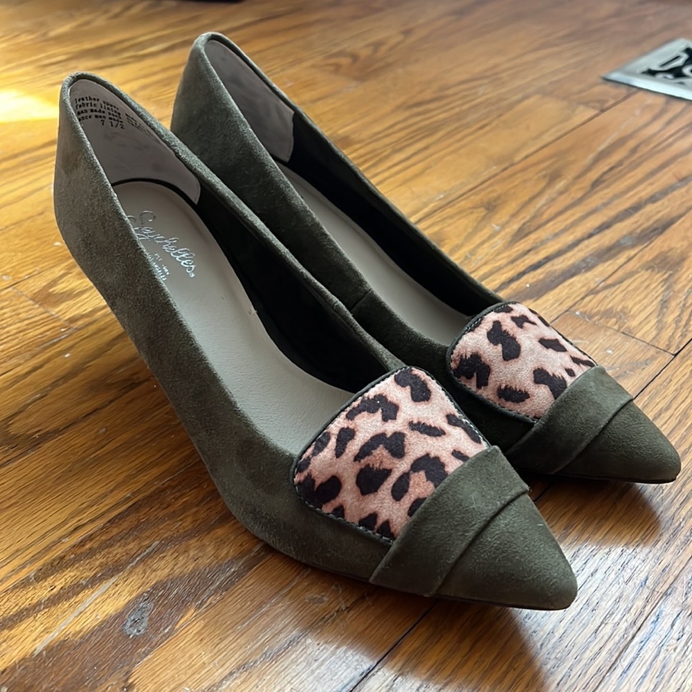 Anthropologie Seychelles Clear Cut Olive Green Suede Leopard Suede Heels